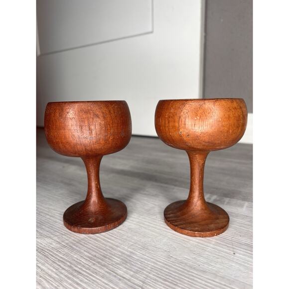 Vintage Teak Carved Stem Cups Mid Century Modern Set of 2 - Picture 1 of 10